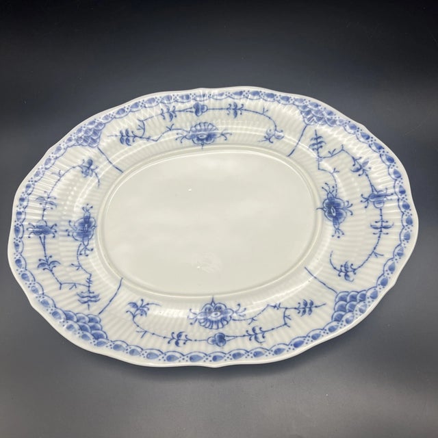 Vintage Mid-Century Modern Royal Copenhagen Blue Fjord Blue Fluted Oval Serving Bowl W Underplate For Sale - Image 9 of 9