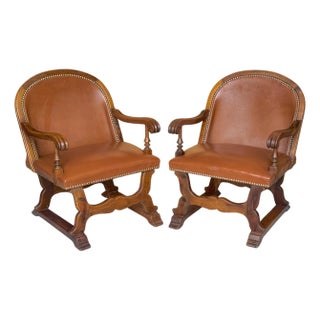 Pair of Spanish Walnut & Leather Armchairs with Nailhead Trim, Circa 1920 For Sale