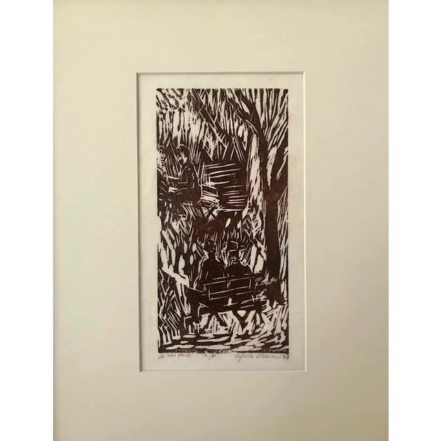Original vintage expressionist wood block print titled "In the Park" noted artist proof signed titled and dated 1964 by...