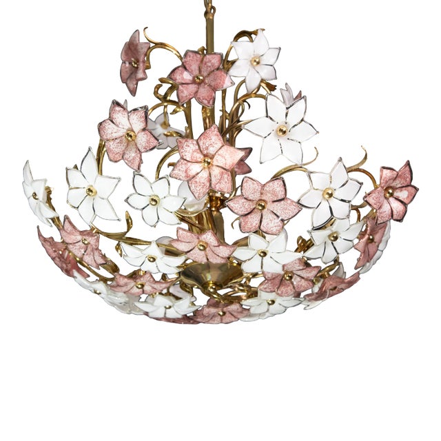 Murano Chandelier with Pink and White Flowers, 1980s For Sale