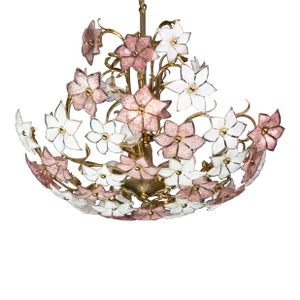 Murano Chandelier with Pink and White Flowers, 1980s