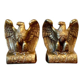 Vintage Cast Metal Brass Finish Eagle Bookends - a Pair For Sale