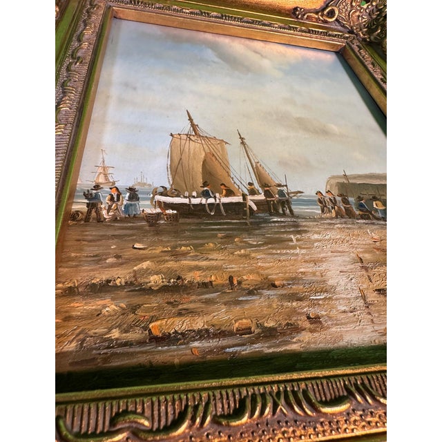 Realism Original Marine Oil Painting, Fishing Boat Beached at Low Tide, in Gilt Frame For Sale - Image 3 of 6