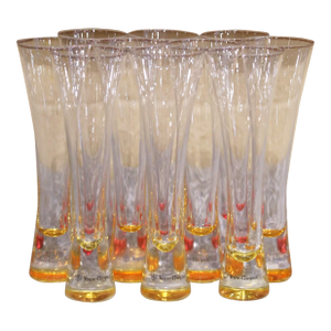 Vintage Veuve Clicquot Champagne Flutes With Colored Glass Bases, Set of 10