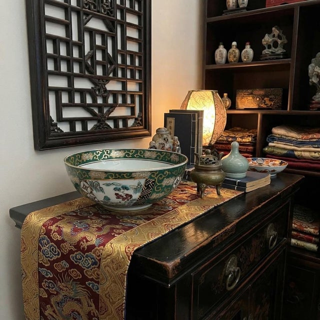 Vintage Oriental Imari Emerald Green Flora Landscape Porcelain Bowl Art For Sale In San Francisco - Image 6 of 9