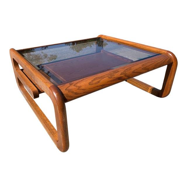 MidCentury Modern Lou Hodges Oak Coffee Table With Inset Glass Top