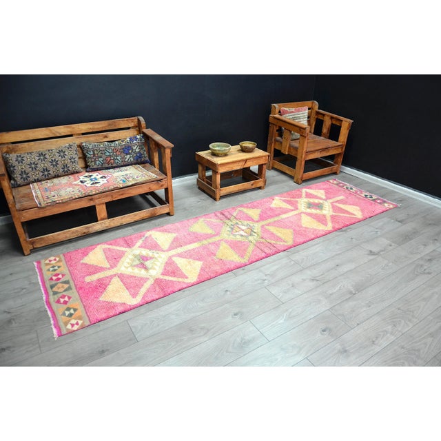 1960s Vintage Pink Color Geometric Handmade Turkish Runner For Sale - Image 4 of 11