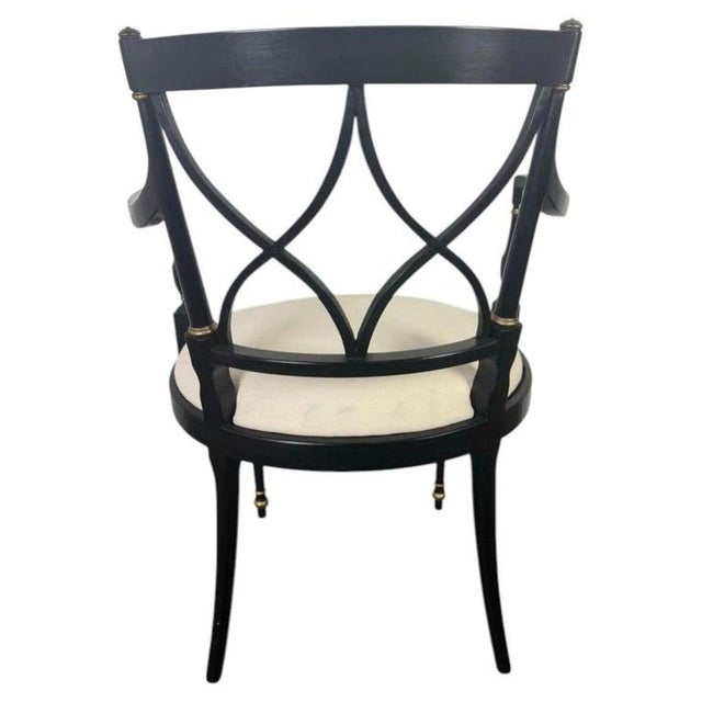 Set of Ten Regency-Style Ebonized Dining Chairs With Linen Seats For Sale In Los Angeles - Image 6 of 16