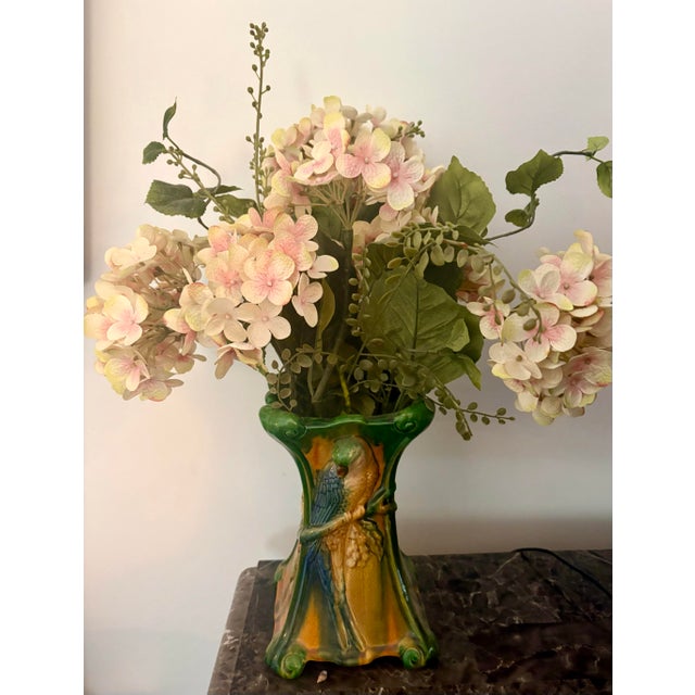 1960s Vintage Majolica Style Glazed Pottery Vase With Parrot For Sale - Image 5 of 9