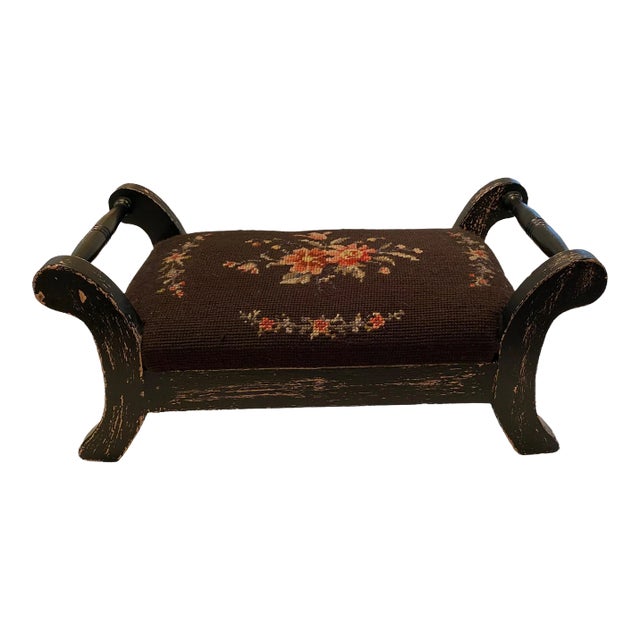 Vintage French Country Two Handle Floral Needlepoint Cricket Foot Stool For Sale