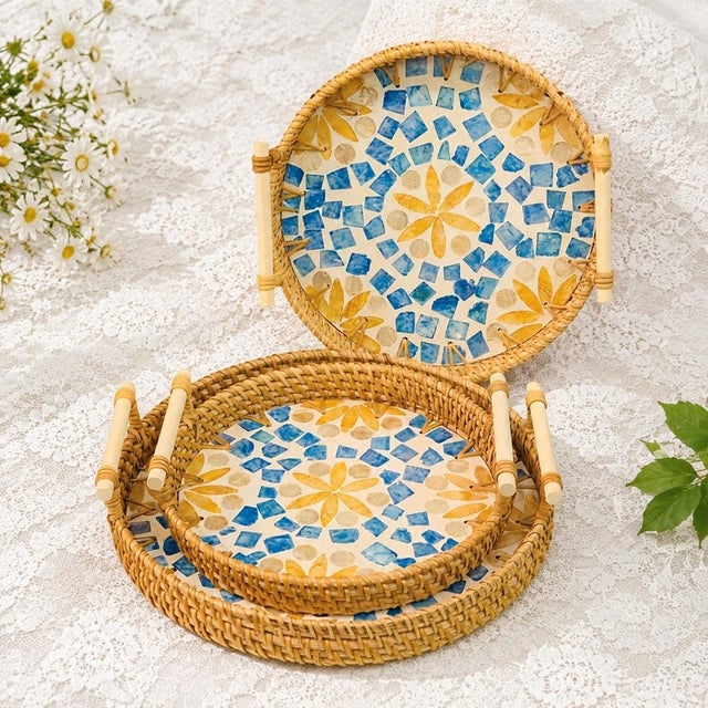 Traditional 2020s Set of Three Yellow Flower Pattern Rattan Mother-of-Pearl Inlaid Trays With Handles For Sale - Image 3 of 4