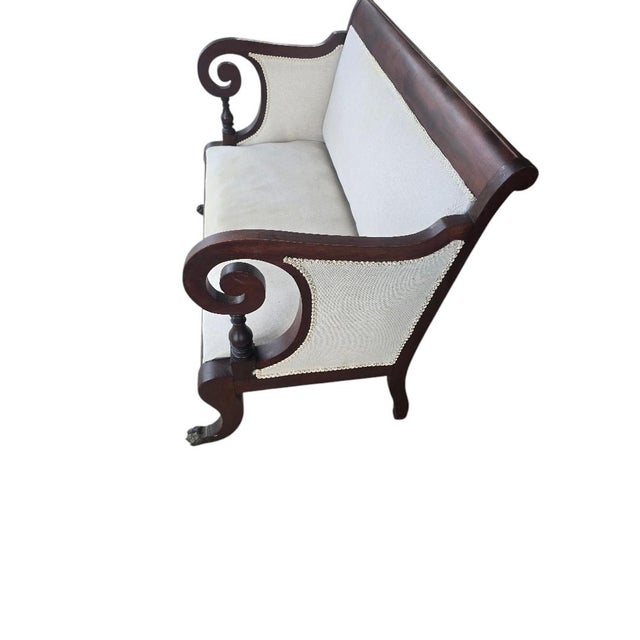 Antique Empire Mahogany Scroll Arm Horsehair Upholstered Settee, Circa 1840–1860 For Sale - Image 4 of 5