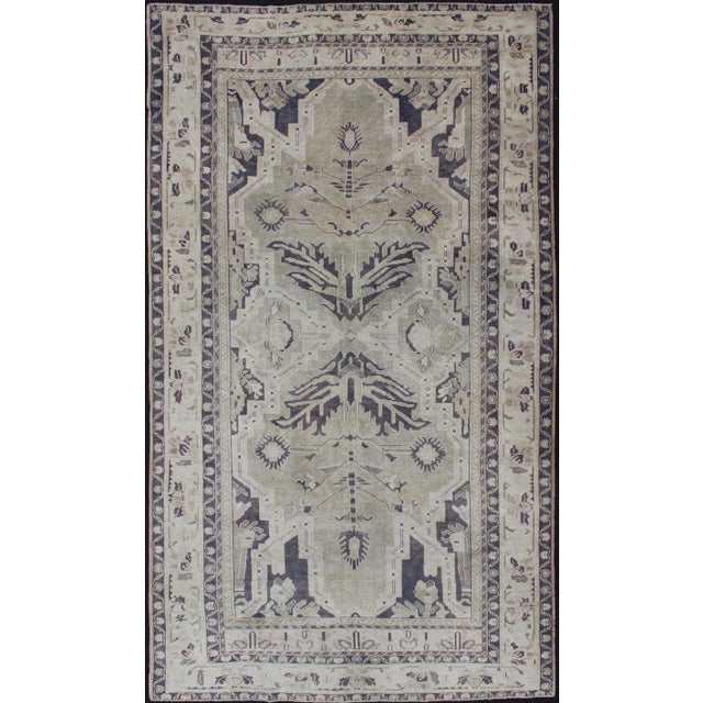 Vintage Hand Knotted Turkish Oushak Rug With Dual Medallion Design in Dark Blue and Taupe For Sale - Image 12 of 12