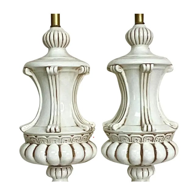 Wood Vintage Italian Neoclassical Glazed Ceramic Urn Table Lamps – A Pair For Sale - Image 7 of 12