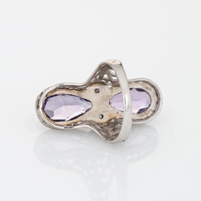 Early 20th Century Vintage Art Deco Amethyst Diamond Ring Filigree 14k White Gold Elongated Pear 4 size 4 For Sale - Image 5 of 7