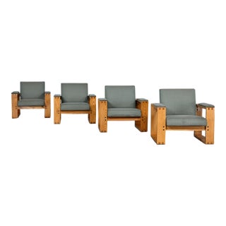 Late 20th Century Modern Open Frame Club Chairs Oak Frames With Floating Seat & Back Set of 4 For Sale