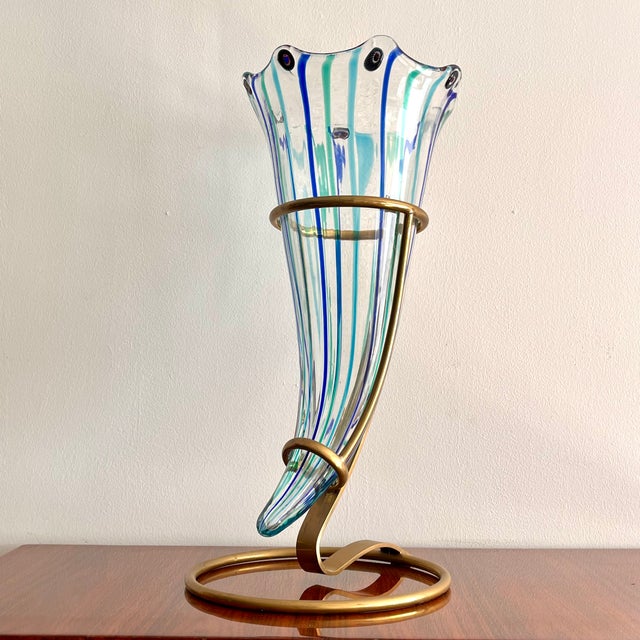 Cornucopia Vase in Murano Glass with Canes and Murrine and Brass Stand by Vistosi, 1970s For Sale - Image 6 of 6