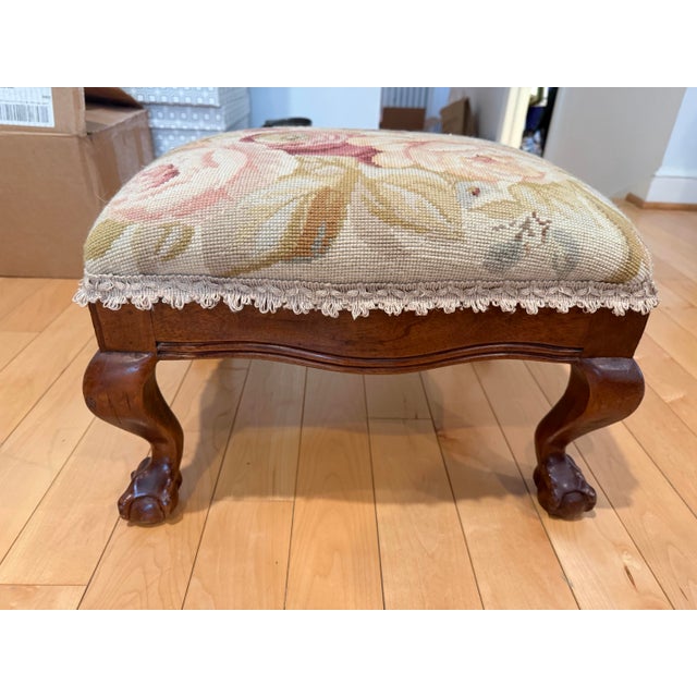 Victorian Vintage Needlepoint Footstool For Sale - Image 3 of 4