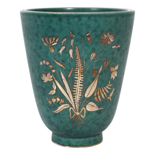 Argenta Vase in Silver Inlaid Flower Design by Wilhelm Kåge for Gustavsberg, 1940s For Sale
