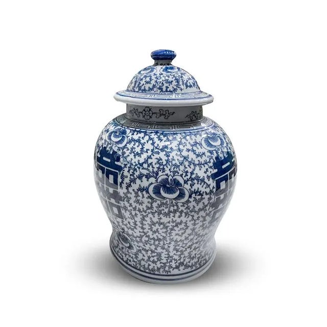 Asian Blue & White Double Happiness Porcelain 12" Height Jar can be use for indoor and outdoor. This piece used high fire...