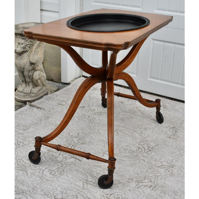 Fruitwood Serving Cart Mid Century Modern Removable Tray Rolling Bar Table 60s For Sale - Image 12 of 12