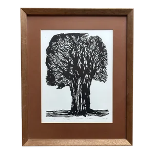 1969 Mid Century Modern Woodcut of a Tree