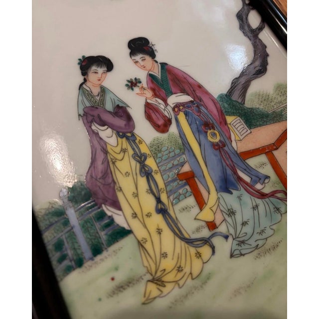 Vintage Chinese Famille Rose Hand Painted and Framed Porcelain Tiles Set of 4 For Sale - Image 4 of 12