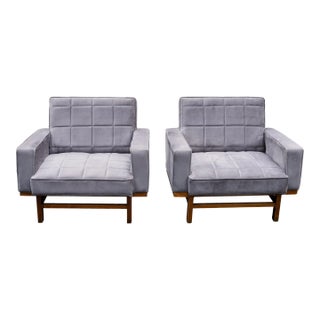 Pair of Mid-Century Modern Upholstered Walnut Lounge Chairs, Italian, Ca. 1967 For Sale