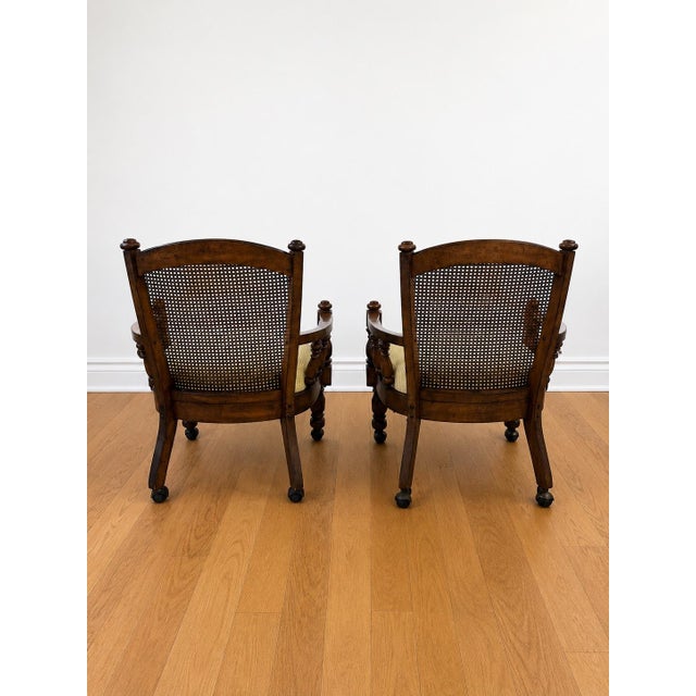 American Pair of 1970s Kane Back Captain’s Chairs Antiqued Walnut Stained Frames - New Seat Cushions With New Upholstery. For Sale - Image 3 of 6