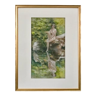 Vintage American Signed Pastel Drawing Female Nude in Landscape For Sale
