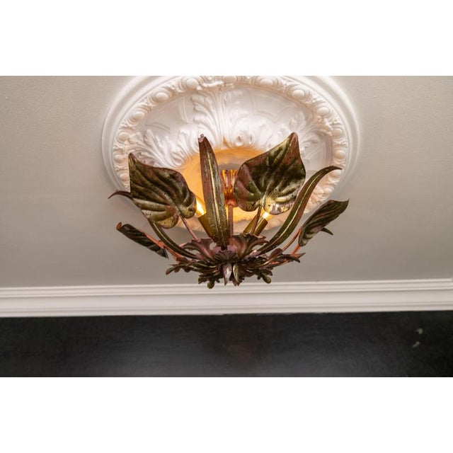 Hollywood Regency Style Golden and Purple Metal Three-Light Leaf Ceiling Lamp For Sale - Image 9 of 18