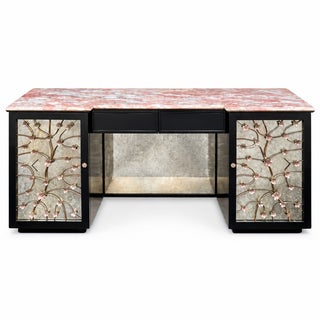 Hollywood Regency Lacquered & Mirrored Credenza / Vanity / Desk /Sideboard W/ Pink Marble & Tole Doo For Sale