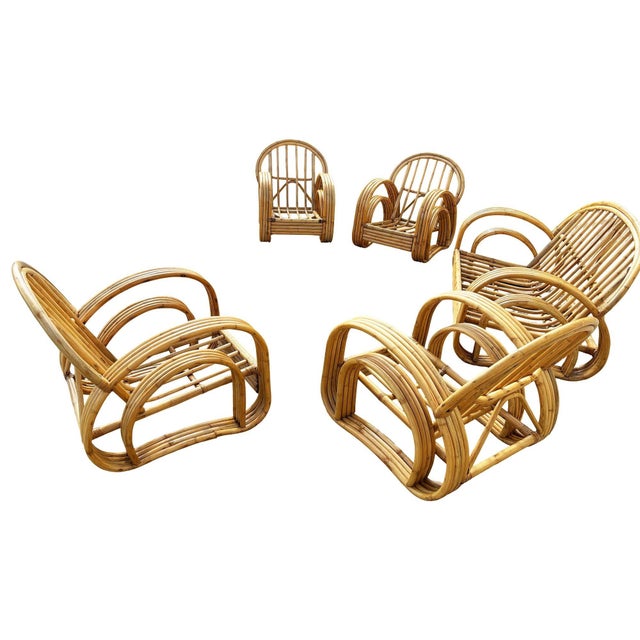 1950s 1950s Restored 4-Strand Double Arch Speed Arms Rattan Sofa & Chairs Livingroom Set of 5 For Sale - Image 5 of 14