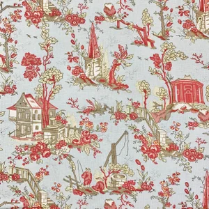 French General Aqua Blue Pink Rose Le Jardin Toile Fabric Sample