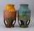 Pair of Art Nouveau-style vases in majolica ceramic with polychrome glazes, creating a dripping and iridescent effect....