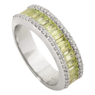 14k Gold Baguette Cut Peridot Diamond Cluster Band Ring Size 5.5 For Sale