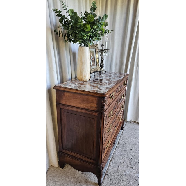 Late 19th Century Late 19th Century Walnut Commode Chest, French Louis XV Style. Marble-Top For Sale - Image 5 of 18