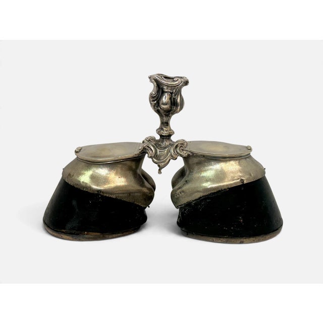 English Antique Edwardian Sterling Silver Double Horse Hoof Inkwell Desk Stand For Sale - Image 3 of 15