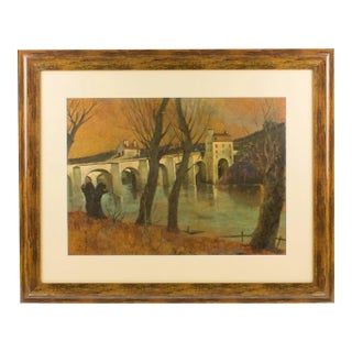 Vaulted Bridge in French Landscape Oil on Wood Painting by Vincent Mazzocchini For Sale