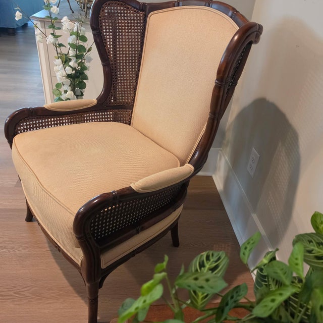 Mid-Century Modern Vintage Ethan Allen Faux Bamboo Cane Wingback Bergere Chair - Hollywood Regency For Sale - Image 3 of 16