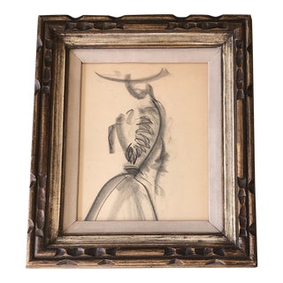 Original Vintage Female Abstract Fashion Charcoal Study Drawing Vintage Frame 1950’s For Sale