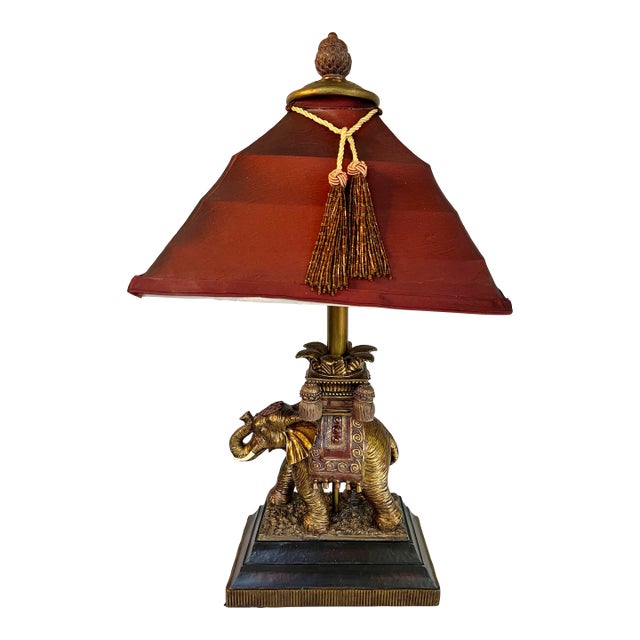 1970s East Asian Elephant Table Lamp With Silk Shade - Attributed to Robert Abbey For Sale