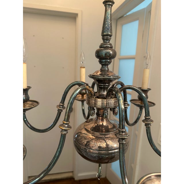 1950s Vintage Six Arm Colonial Silver-Plated Chandelier For Sale - Image 5 of 11