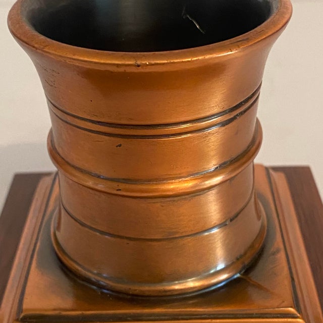 1950’s Solid Bronze Apothecary Mortar and Pestle Mounted on Solid Walnut Presentation Base. For Sale - Image 10 of 13