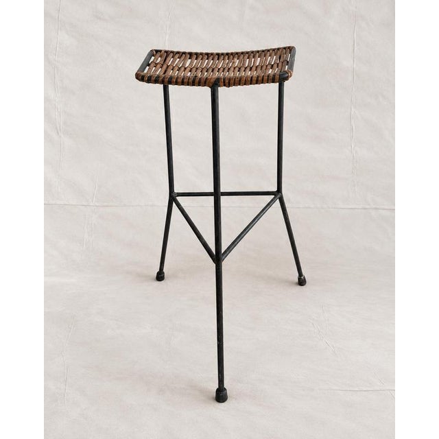 Modern Mid-Century Rattan Cane and Iron Bar Stool attributed to Dennis Lennon, 1950s For Sale - Image 3 of 9