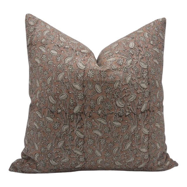 Throw Pillow Cover Designer Collection of Hand Block Printed Thick Linen 24x24 Inch- Pista For Sale