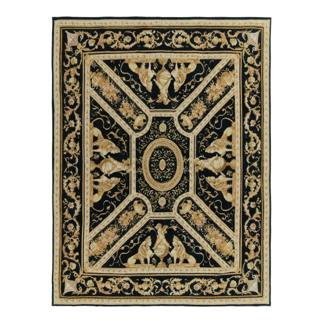 Tudor Style Flatweave Rug in Black, Gold & White Medallion Pattern by Rug & Kilim For Sale