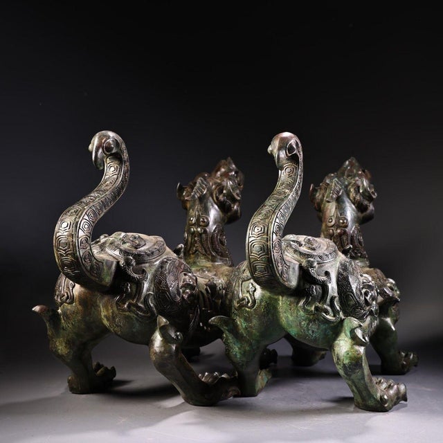 Late 20th Century Late 20th Century Pair of Archaic Style Bronze Mythical Beast Figures For Sale - Image 5 of 10