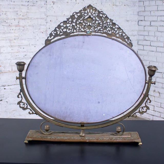 Late 19th to Early 20th Century Art Nouveau Tabletop Metal Vanity Oval Beveled Mirror W/Candle Holders For Sale - Image 17 of 18