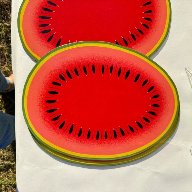 American Lacquered Wood Watermelon Placemats With Rubberized Bottoms- Set of 4 For Sale - Image 3 of 10